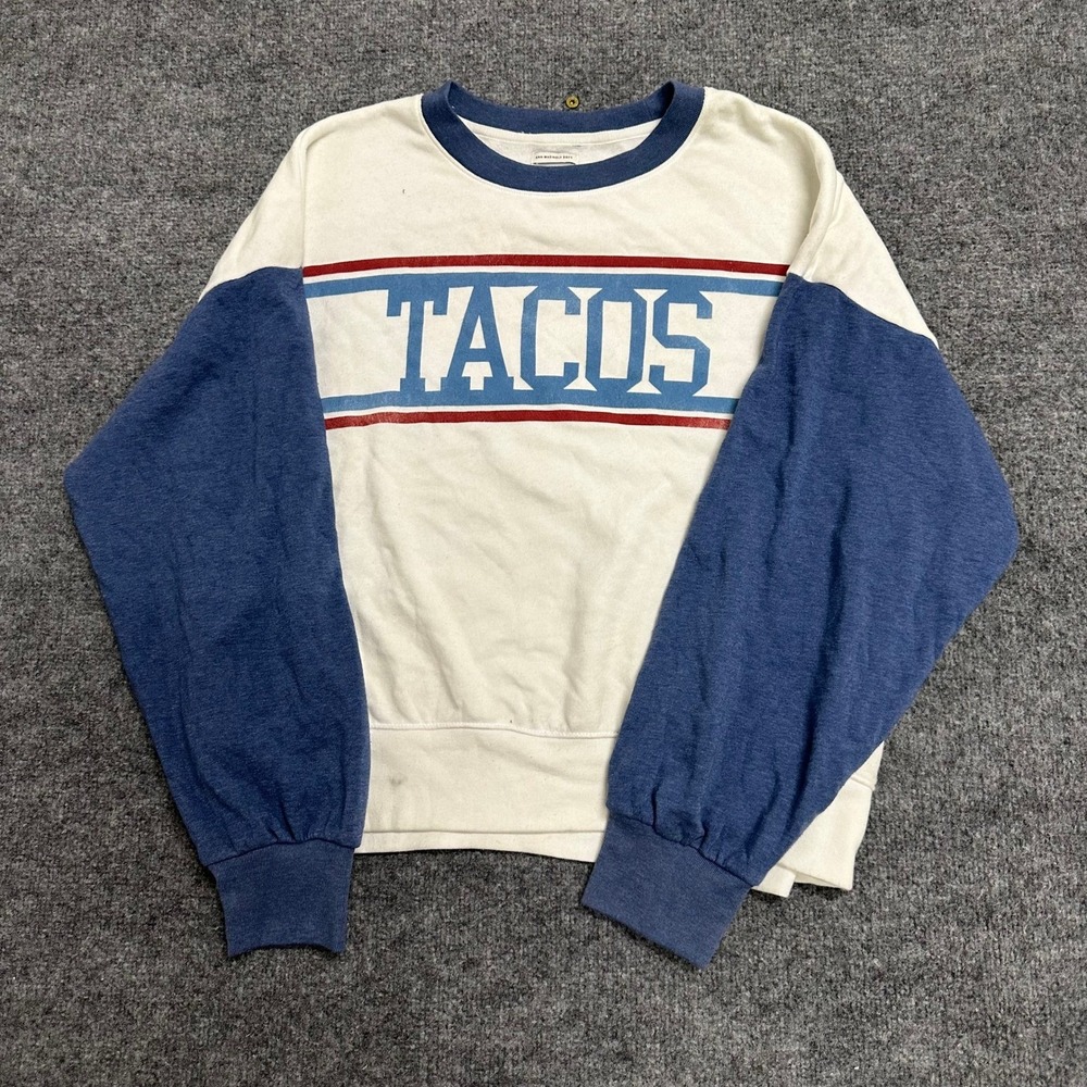 American Eagle Sweatshirt Womens XL White Blue Tacos Graphic Crewneck Soft Stain